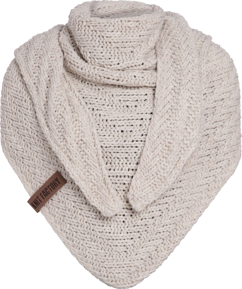 Knit Factory Sally Gebreide Omslagdoek - Driehoek Sjaal Dames - Dames sjaal - Wintersjaal - Stola - Wollen sjaal - Beige - 220x85 cm - Grof gebreid