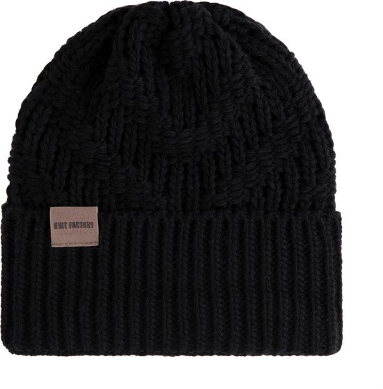 Knit Factory Sally Gebreide Muts Heren & Dames - Beanie hat - Zwart - Grofgebreid - Warme zwarte Wintermuts - Unisex - One Size