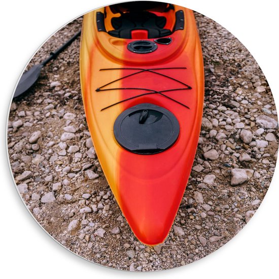 WallClassics - PVC Schuimplaat Muurcirkel - Rood Oranje Kano op het Land - 50x50 cm Foto op Muurcirkel (met ophangsysteem)
