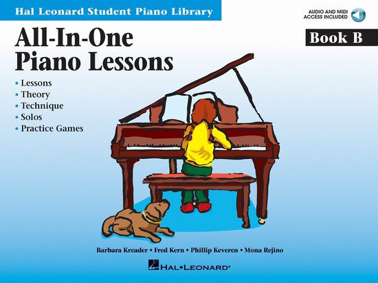 Livre B des leçons de piano tout-en-un. Une fille joue du piano. Un chien est allongé à côté d'elle. Inclut audio et midi.