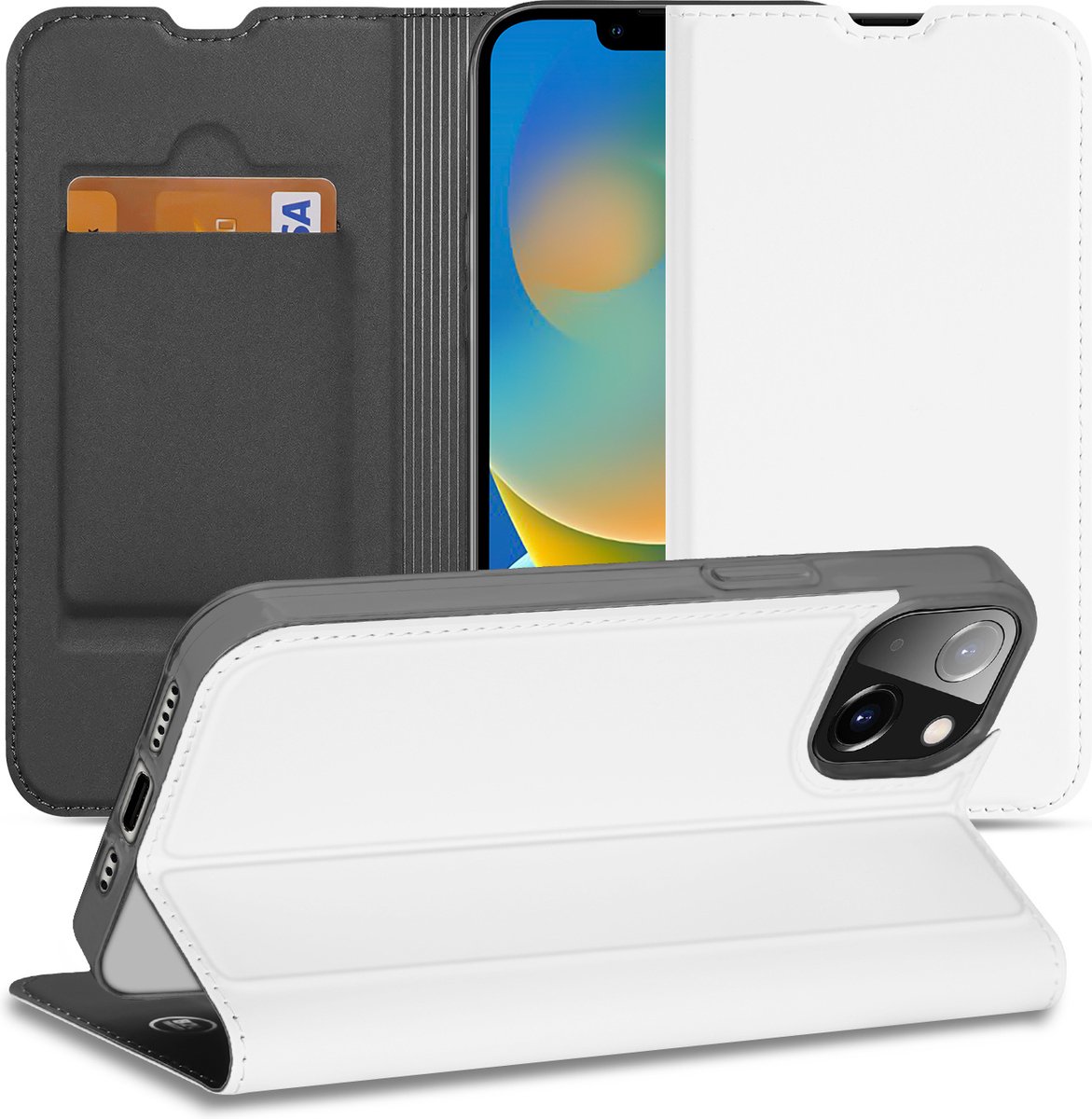 Hoesje iPhone 14 Bookcase Wit met Pashouder en Standaard