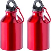 Bouteille d'eau / gourde en aluminium 2x pièces rouge avec bouchon à vis et mousqueton 330 ml - Bouteille de sport - Bouteille d'eau