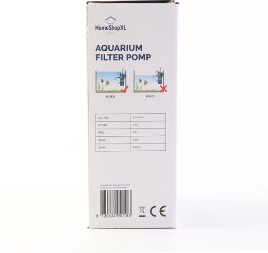 Zijkant van HomeShopXL verpakking met tabel specificaties en afbeeldingen van aquarium met vissen.