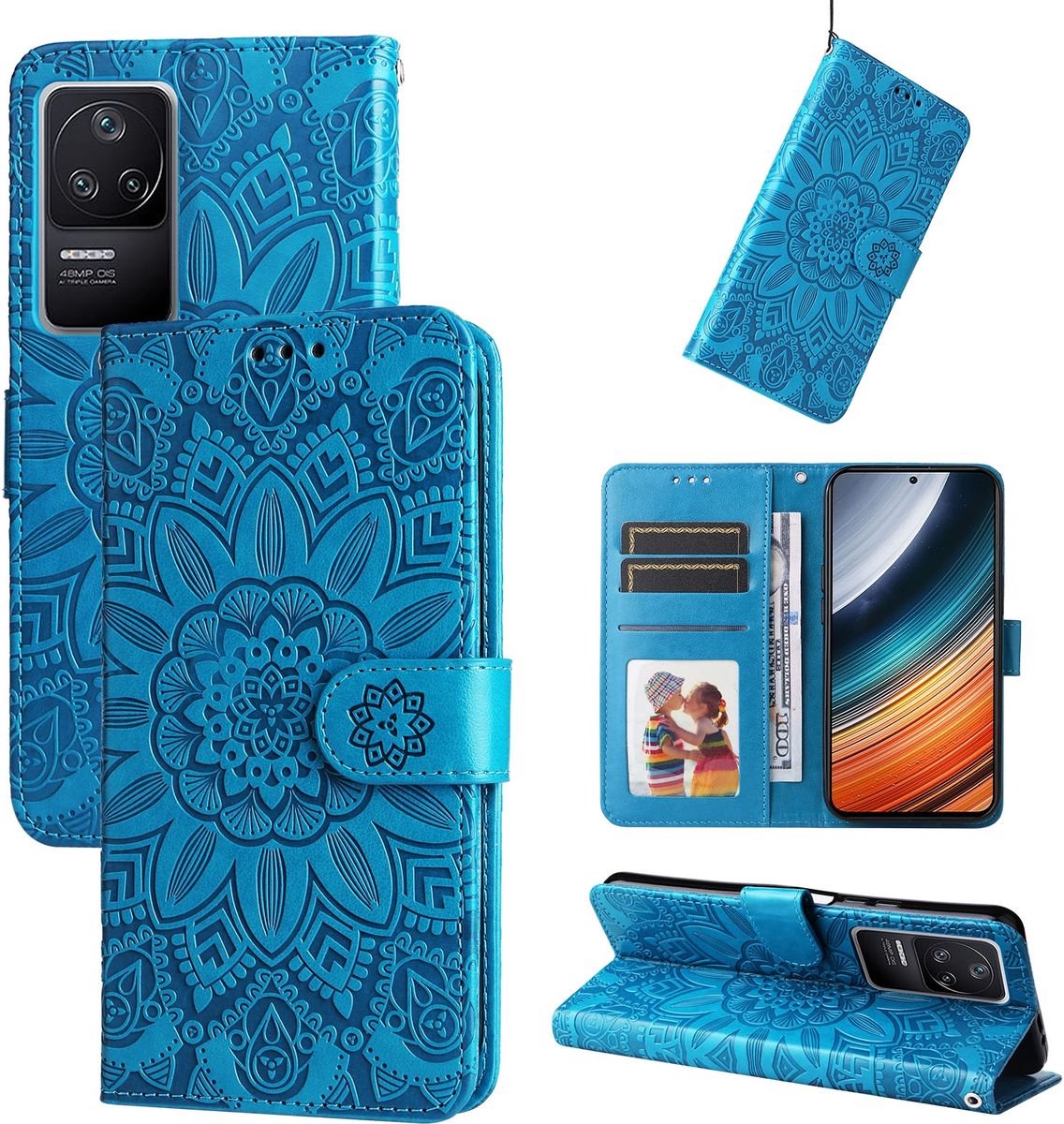 Mobigear Telefoonhoesje geschikt voor POCO F4 Hoesje | Mobigear Sunflower Bookcase Portemonnee | Pasjeshouder voor 3 Pasjes | Telefoonhoesje voor Pinpas / OV Kaart / Rijbewijs - Blauw