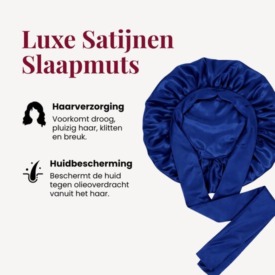 Donkerblauwe satijnen slaapmuts met strikband. Goed voor haarverzorging en huidbescherming.