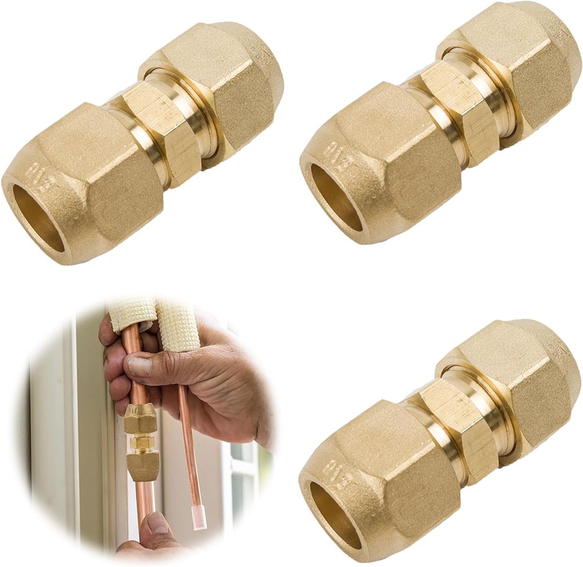 3 Pcs 3/8 Inch Koper Slangverlenging voor Airconditioning, Dubbele Nippel voor Koperbuizen, Draadverbinding voor Slangen, Accessoires voor Airconditioning en Koeling