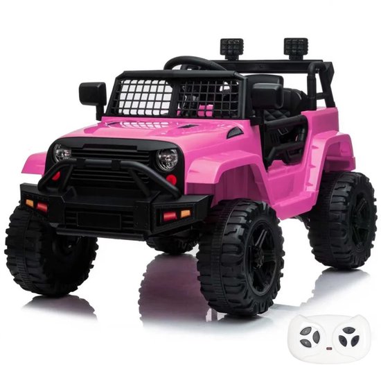 VROOOMY Trail Blazer Elektrische Kinderauto 1 tot 5 jaar – Kinderjeep met Schokdempers, verlichting & MP3-speler – 12V accuvoertuig met Afstandsbediening, Werkende Deuren & Soft-Start – Roze