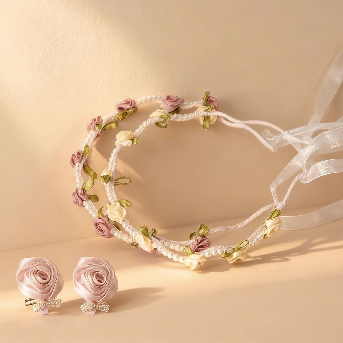Rozenbloem Kroon Haarband Set met Parels en Rozen Haarspelden voor Feesten, Bruiloften en Reizen, Elegante Haaraccessoires voor Vrouwen