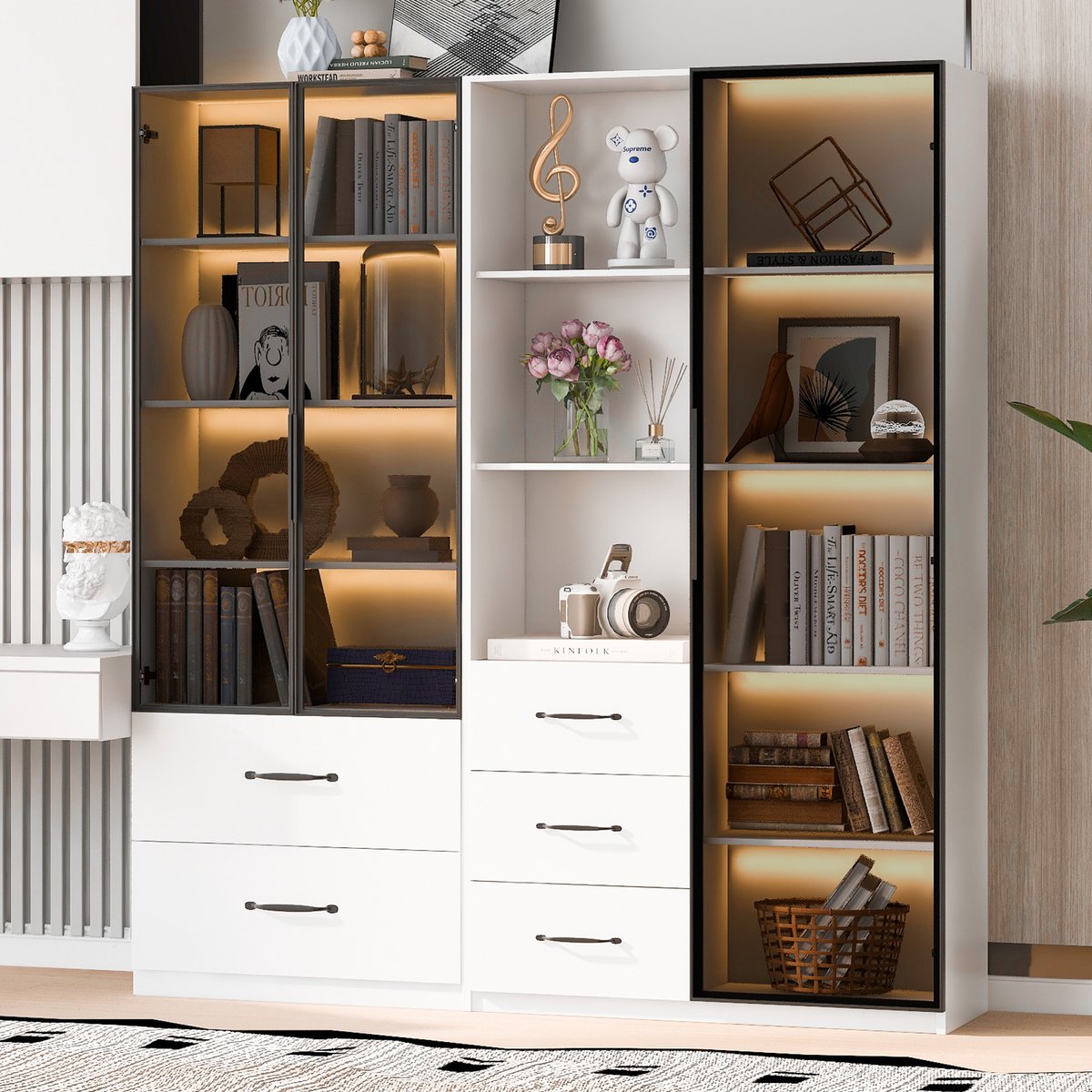 MIVRAY Vitrinekast - Modulaire Kast Met LED En Laden - Voor Woonkamer En Keuken - Spaanpla