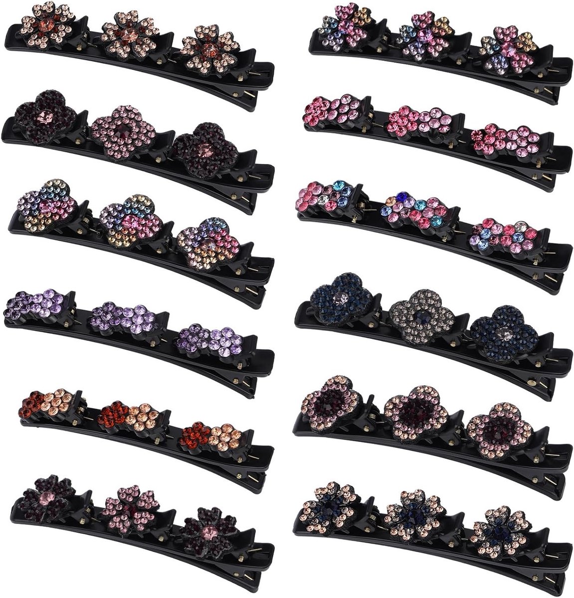 12 Stuks Sprankelende Kristallen Haarspeldjes, Glanzende Strass Haarclips met 3 Kleine Speldjes, Stijlvolle Gevlochten Duckbill Clips en Bloem Pins voor Dames, Haaraccessoires voor Feestjes en Dagelijks Gebruik