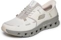 Naturel Skechers Glide-Step Pro instapper met grijze zool, veters en S-logo. Glide-Step details op de zool.