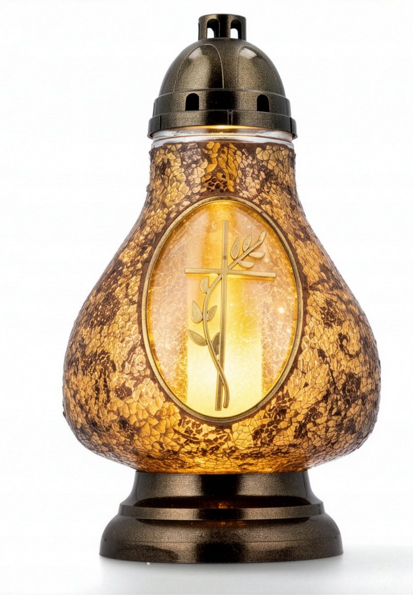 Kaarskaraf glas-in-lood goud en zwart met kruis 36 cm