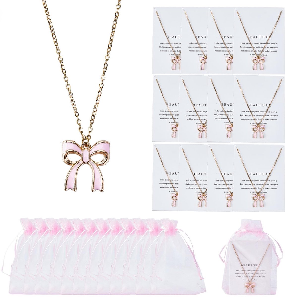 Dailygoods- Armbanden 12 Sets Roze Strik - Verstelbare Gevlochten Touw - Feestartikelen - Geschenken - Organza Opbergzakje - Inspirerende Kaart - Sieraden