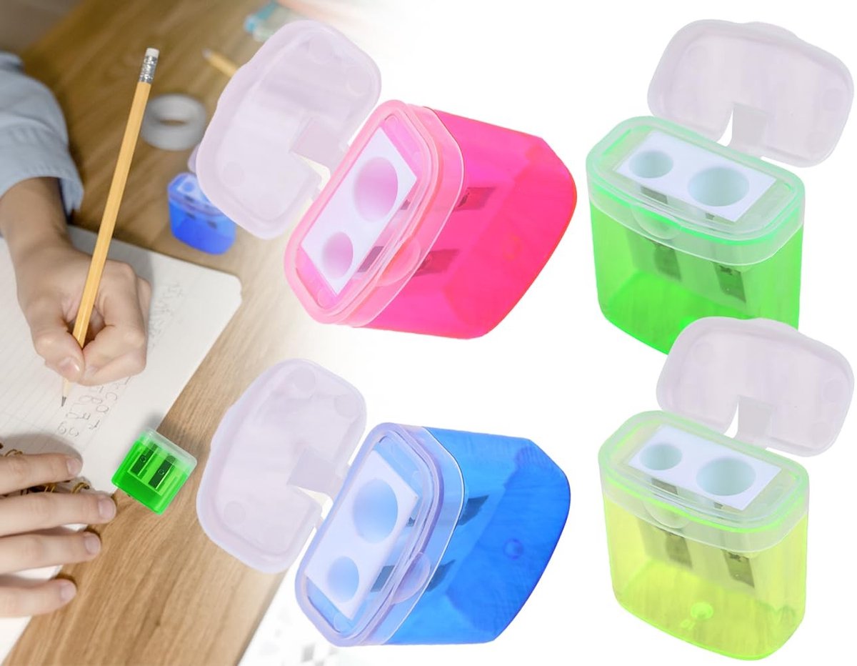 Dailygoods- Puntenslijper 4 Stuks - Transparante Houder met Deksel - Kleurrijke Schoolartikelen - Kantoorbenodigdheden - Huishoudelijke Gadgets - Betrouwbare Keuze - Potloodslijper