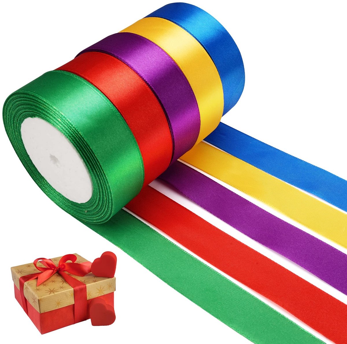 Dailygoods- Cadeaulinten 5 Rollen - Satijnen Lint - Decoratielint - Hoogwaardig Polyester - Kleurrijk - Geschikt voor Geschenken