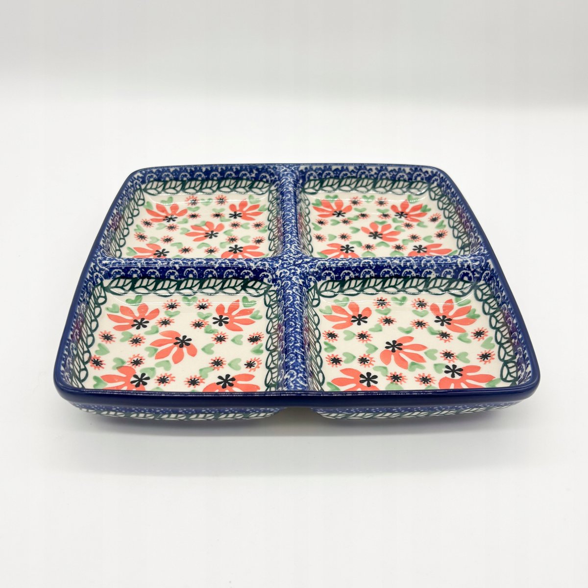 Bolesławiec Serveerschaal met Vakken 25x25 cm Handgemarkeerd