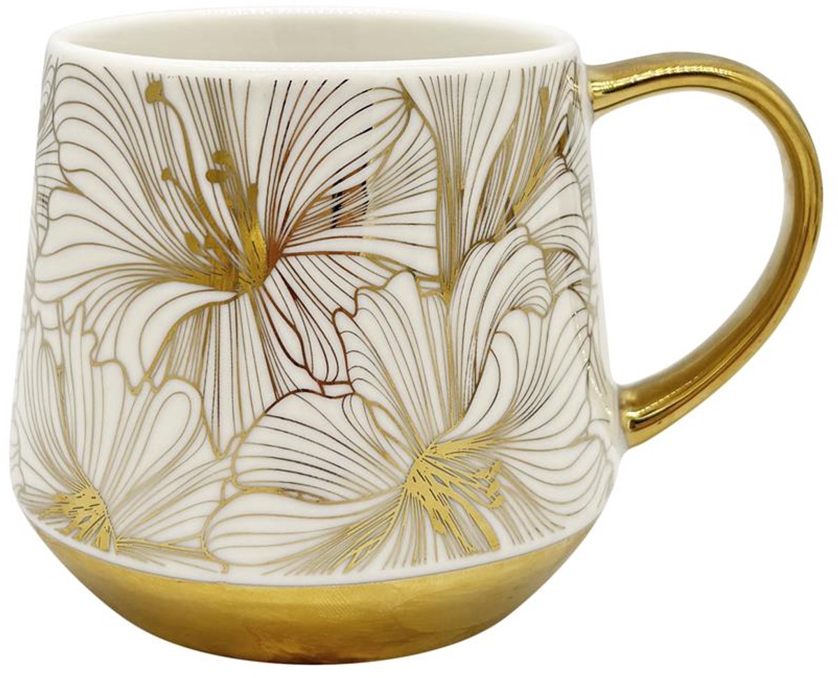 Luxe Porseleinen Mok met Gouden Bloemen - 460ml - Cadeau-idee
