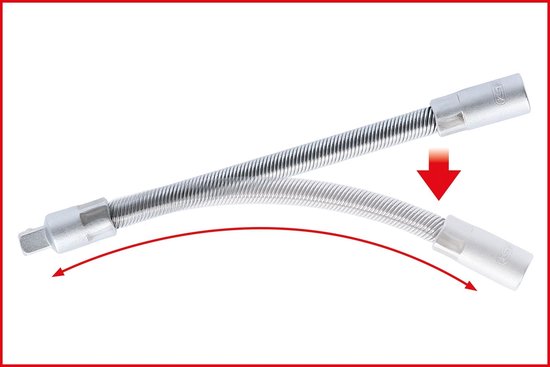Flexibele dopsleutelverlengstuk van KS Tools, van metaal, met rode pijl die de buigzaamheid aangeeft.