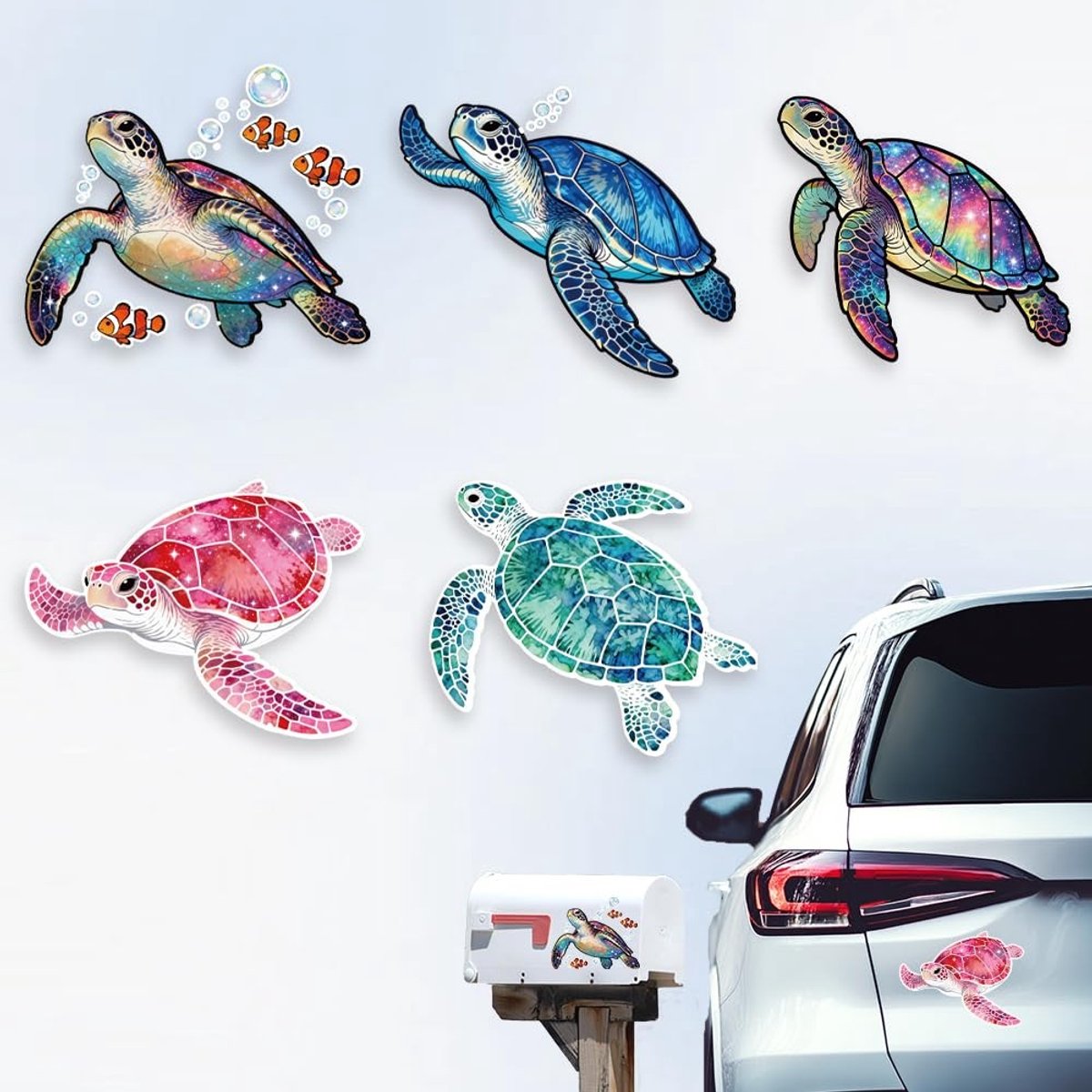 Dailygoods- Schildpad Autostickers - 5 Stuks - Kleurrijke Zeeschildpad - Vinyl Decoratie - Oceaan Dier - Afmetingen 155x148 mm - Dynamische Esthetiek