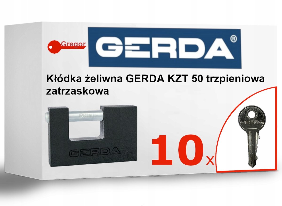 Gerda KZT50 Kłódka Antywłamaniowa Trzpieniowa + 10 Kluczy