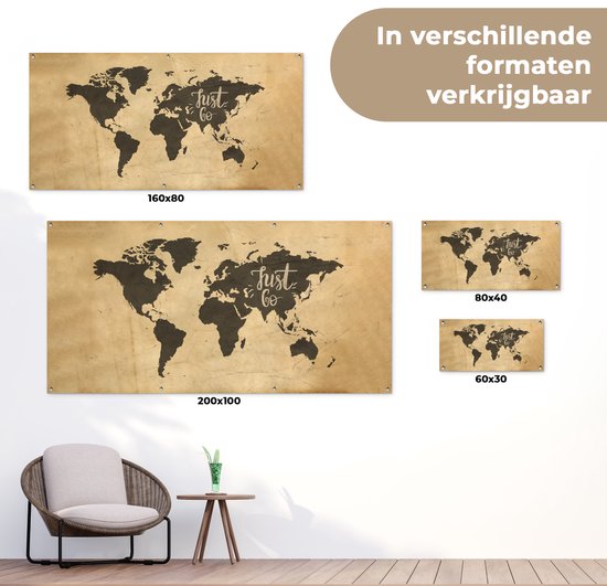 Poster de Jardin Carte du Wereldkaart - Papyrus - Citation - 80x40 cm - Décoration murale Extérieure - Poster de Jardin - Toile de Jardin - Poster Clôture - Tableau Jardin