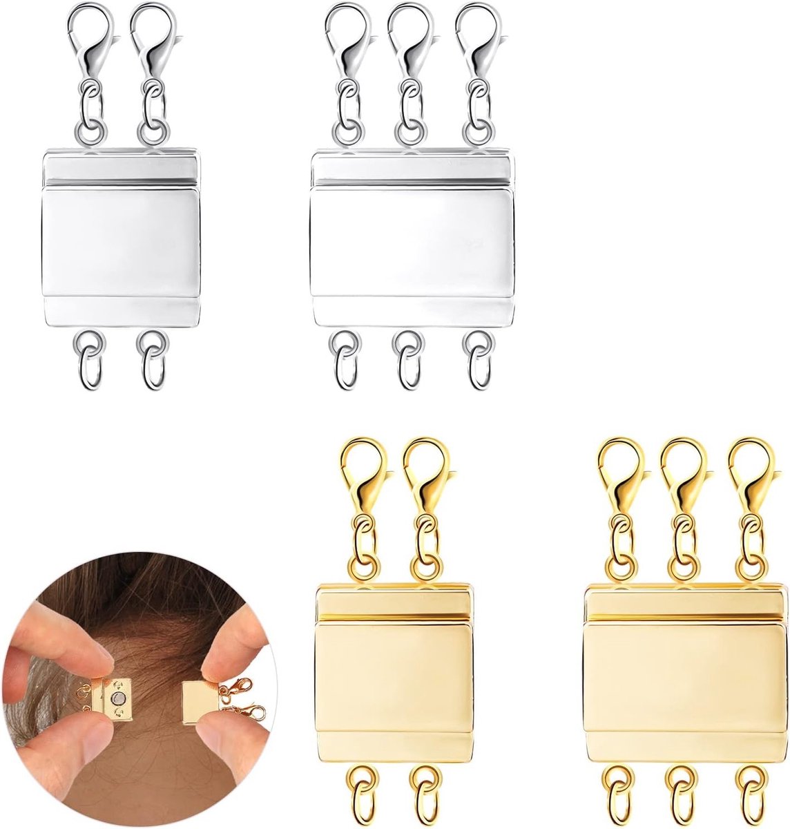 4-delige Gelaagde Ketting Sluitingen, Magnetische Lobster Sluitingen en Ketting Separator voor DIY Sieraden (Zilver en Goud)