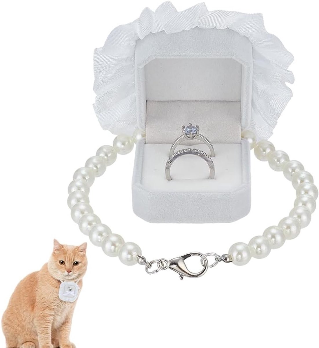 Elegante Witte Parels Huwelijksketting met Ringdoos en Verwijderbare Hondenhalsband - Perfect voor Trouwerijen en Voorstellen, 29.7 cm met Sluiting