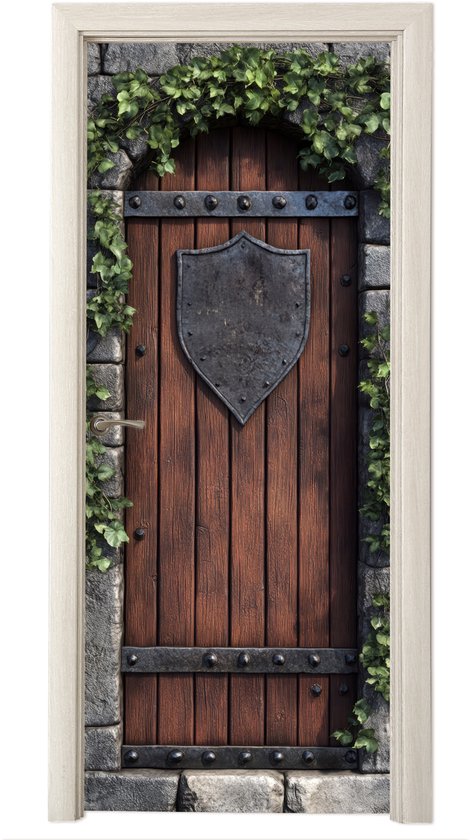 Deurposter 90x215 cm - Deursticker Kasteeldeur - Bruin - Stenen - Hout - Klimop - Meubelfolie zelfklevend - Deurfolie woonkamer - Interieurfolie fotobehang - Deur plakfolie - Deurstickers - Deurbehang sticker - Kamer decoratie