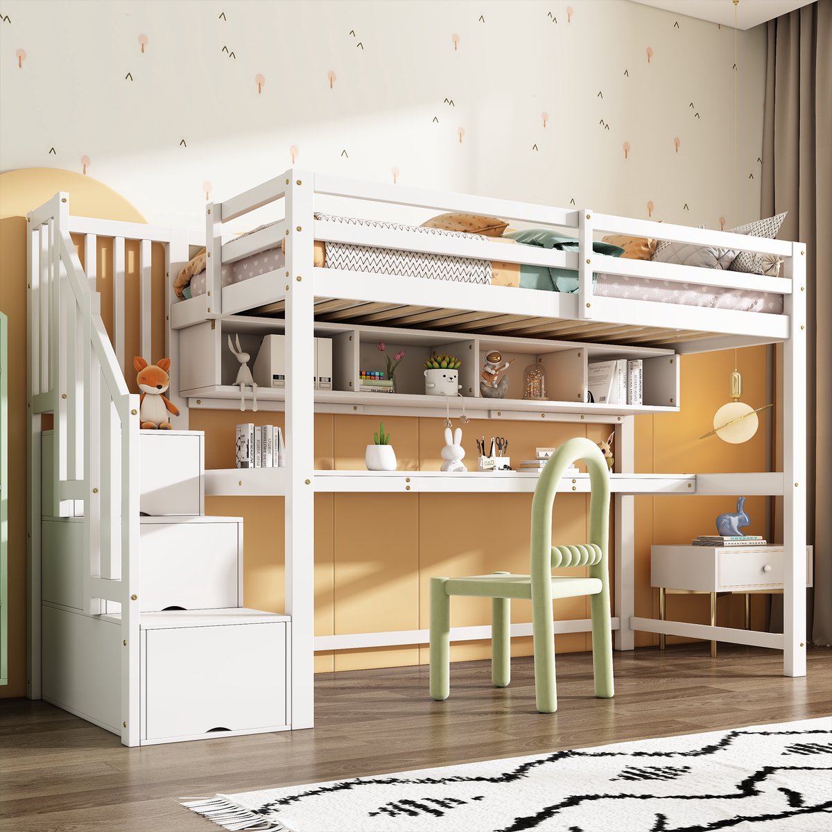MODFU – Kinderhoogslaper met Opbergtrede – 90x200 cm – Bureau & Boekenkast – Hout en MDF – Wit
