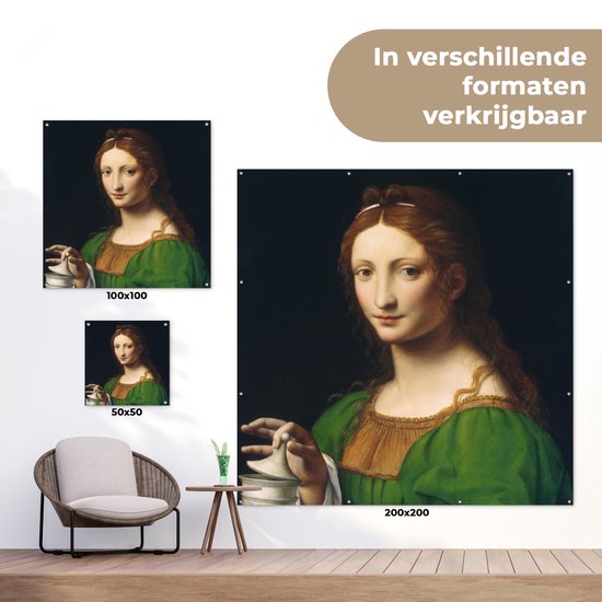 Tuinposter 100x100 cm - Tuindecoratie Maria Magdalena - Leonardo da Vinci - Poster voor in de tuin - Buiten decoratie - Schutting tuinschilderij - Tuindoek muurdecoratie - Wanddecoratie balkondoek