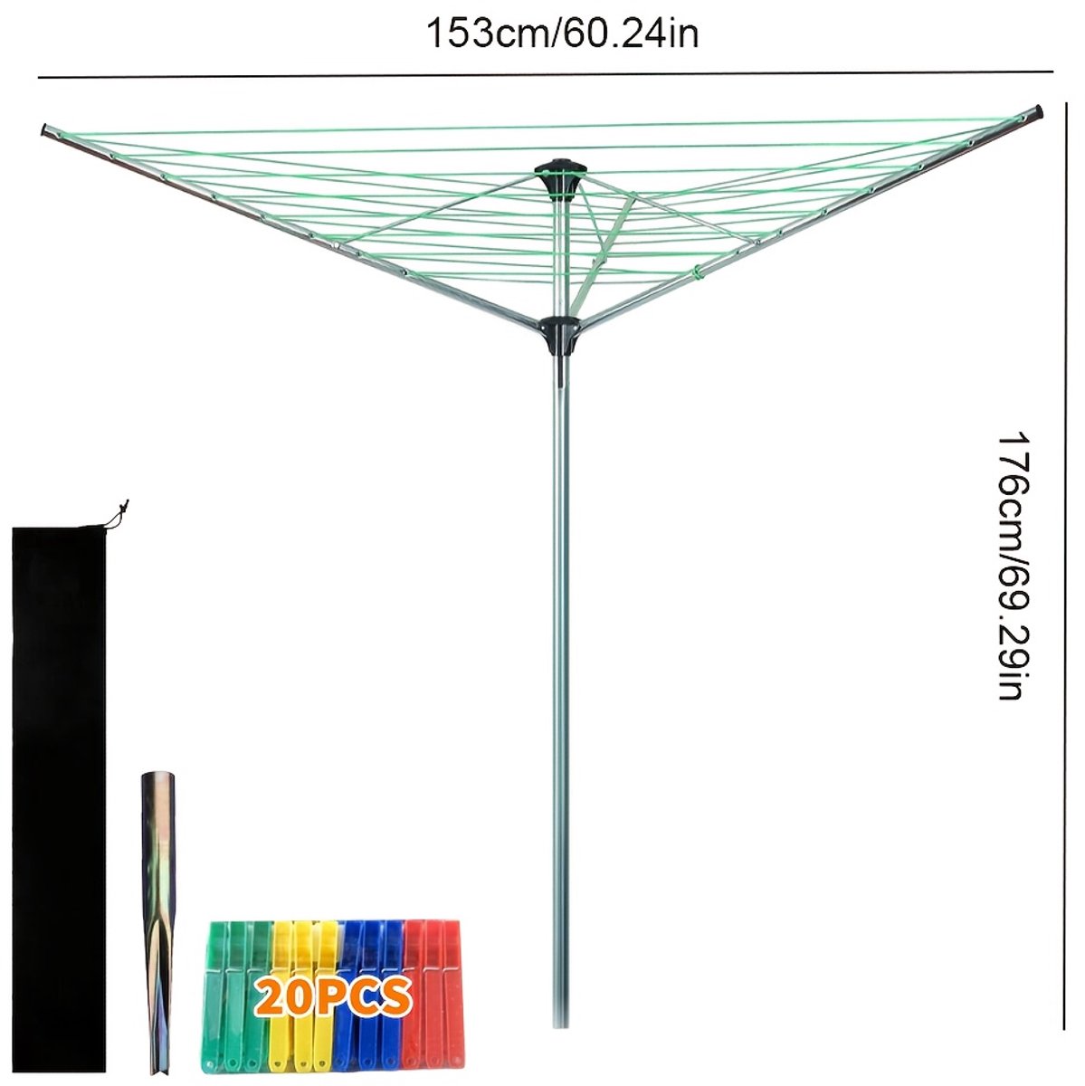 Wasrek-Droogmolen-Metalen Buitentuinscherm Drogeregel-Lichtgewicht, Inclusief Tas-Zilver+G