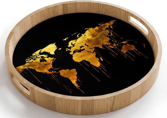 Plateau rond avec impression de carte du monde dorée sur fond noir et bord en bois avec poignées.