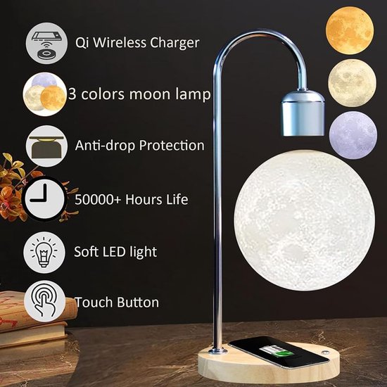 Zwevende Maanlamp - Magnetisch Nachtlampje - Decoratie Kamer - 3D Geprint - 14 cm Diameter - Zilver van Merkloos — afbeelding 2