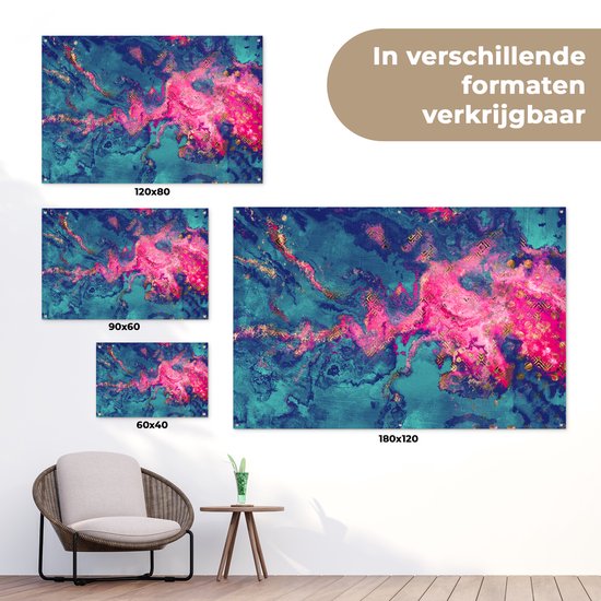 Tuinposter 60x40 cm - Tuindecoratie Marmer - Verf - Roze - Blauw - Poster voor in de tuin - Buiten decoratie - Schutting tuinschilderij - Tuindoek muurdecoratie - Wanddecoratie balkondoek