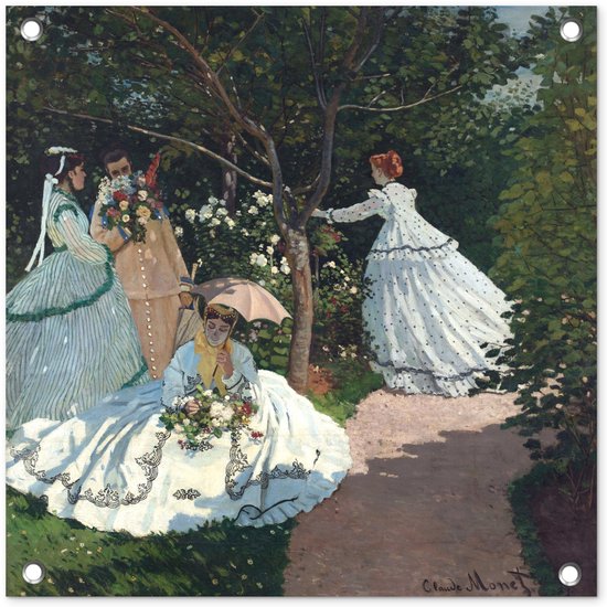Schilderij van Claude Monet: Vrouwen in een tuin, gekleed in 19e-eeuwse kledij, met bloemen en parasols.