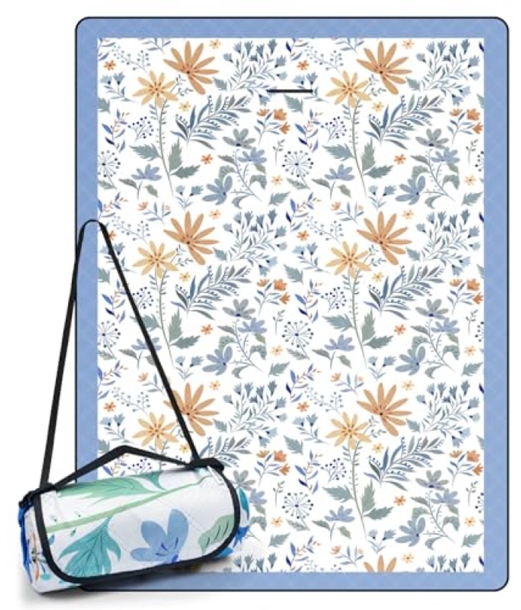 Waterdichte picknickdeken XXL - 300x200 cm - wit met bloemen