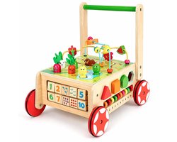 Houten Loopwagen Baby met Activiteitenkubus – Montessori Loopstoel & Educatief Speelgoed