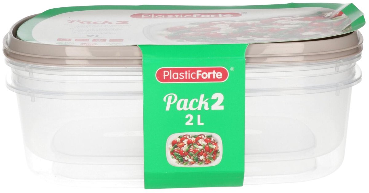 Plasticforte Vershoudbakjes - 2x stuks - 2 liter - herbruikbaar - transparant/beige - kunststof - magnetron - vriezer