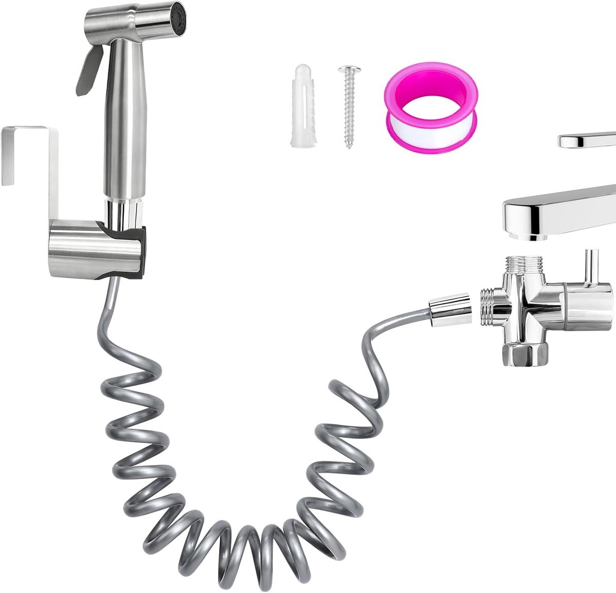 Handbediende Bidet Set voor Toilet - RVS Bidet Aansluiting met 200 cm Slang en 2-Weg Doucheverdeler - Voor Intieme Hygiëne, Luierreiniging en Toiletreiniging - Eenvoudig in Gebruik en Duurzaam