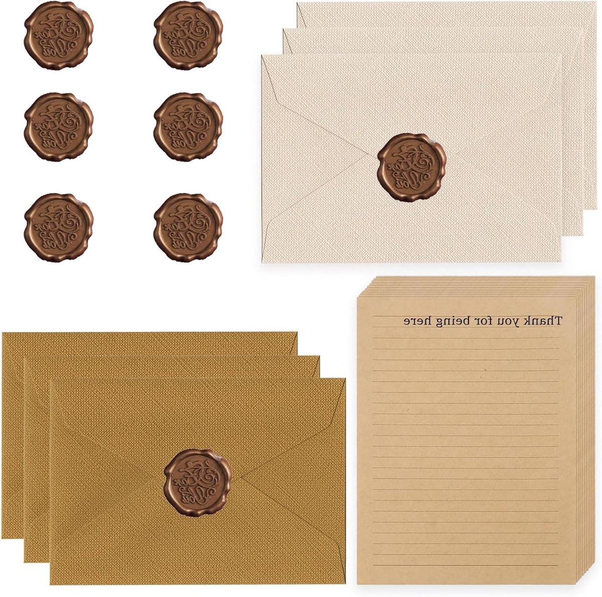 Vintage Briefpapier Set met Enveloppen, Stickers en Waszegels voor Bruiloften en Verjaardagen - Elegante Papeterie voor Speciale Gelegenheden