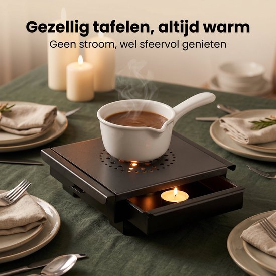 Cheqo® Warmhoudplaat met Waxinelichtjes - Rechaud - Schotelwarmer - Voedselwarmer voor Eten Warm Houden - Non-stick Aluminium - met Handgrepen - RVS Basis - Tafelwarmer - Warmhouder - Theelichtjes - Bordenwarmer - Kaarsjes - Richaud — afbeelding 5