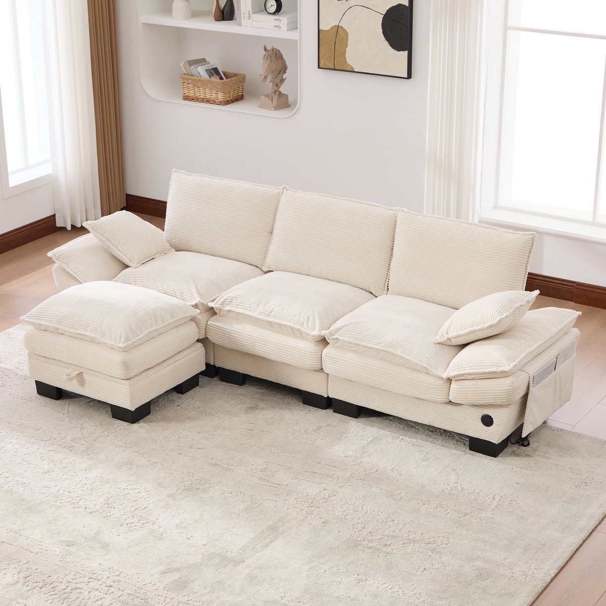 MODENUIT Hoekbank 260 x 132 cm - 3-Zits Met Hocker, USB-C En Zijvakken - Voor Woonkamer Of Kantoor - Cord Beige Gebroken wit, 3-zitsbank