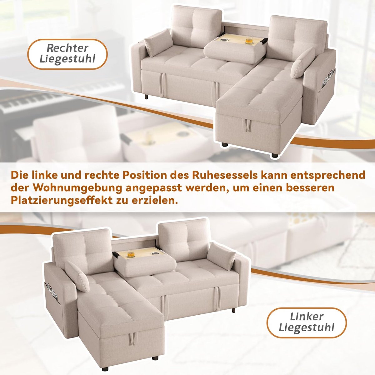 L-vormige modulaire slaapbank met uitschuifbare slaapfunctie en opbergruimte – 211x136x87 cm – hoekbank 3-zits bankbed met bekerhouders en linnen bekleding beige – Luxe comfortabele bankbed HomebyNicole