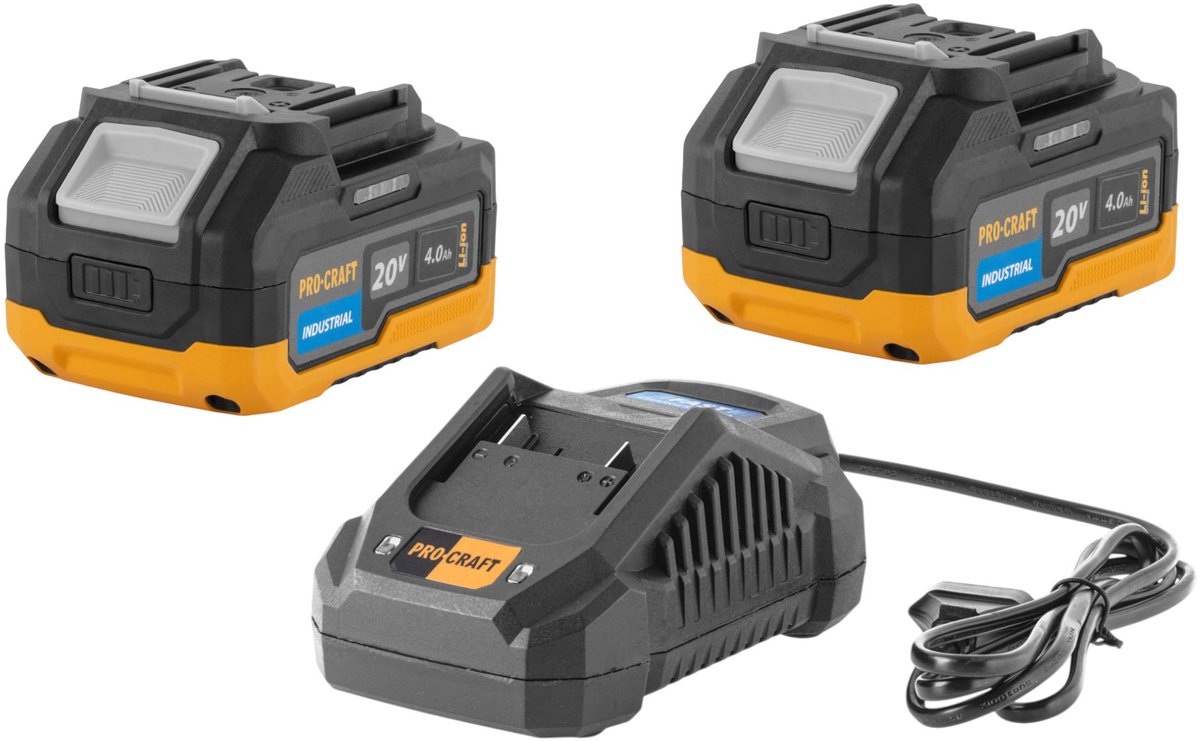 Procraft Starterset 20 V 20/4A snellader + 2x 20/4 Industrial accu 4,0 Ah