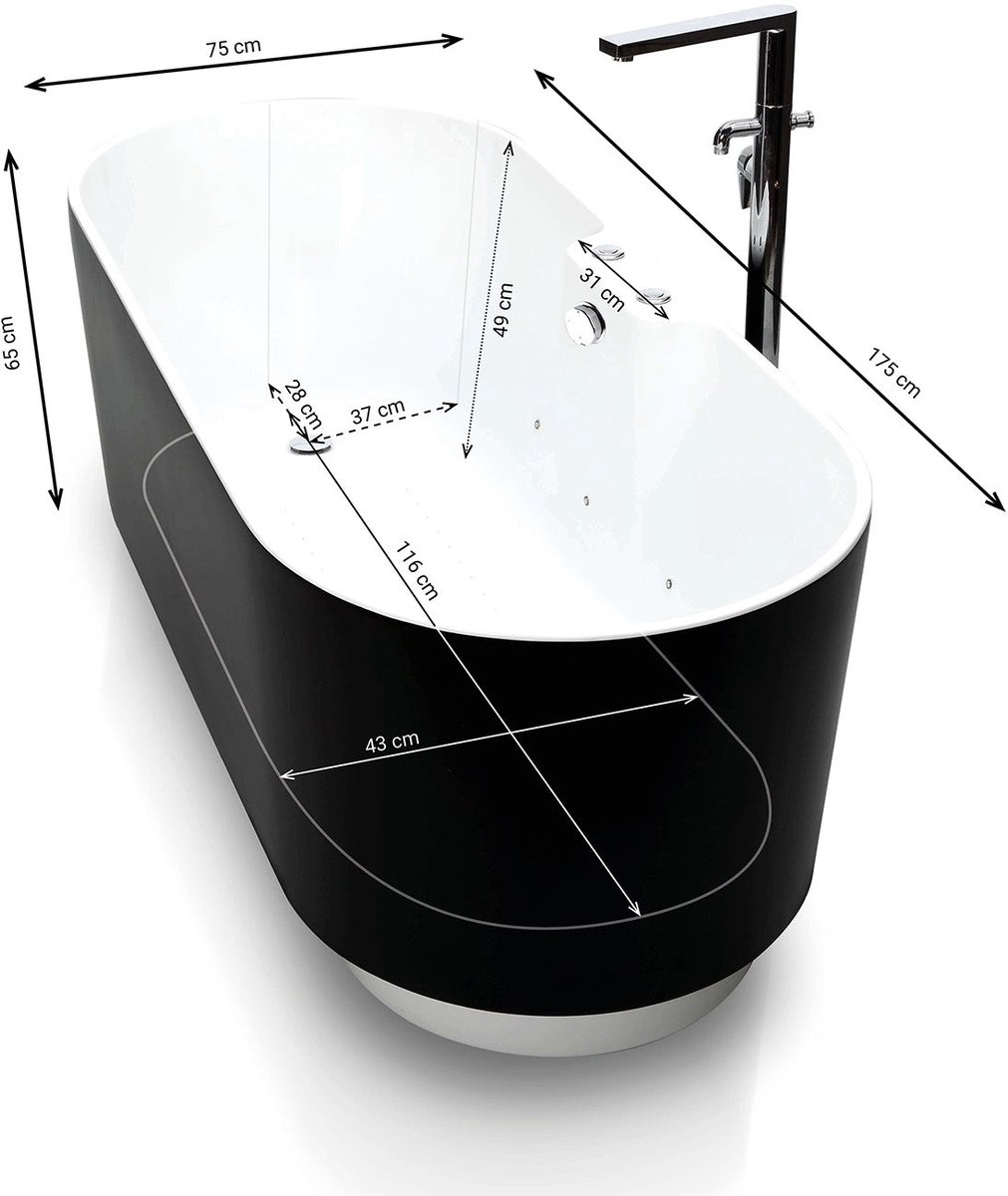 SPALINA - Whirlpool bad - Ukio Bulle, 175 x75 x65 cm, Zwart