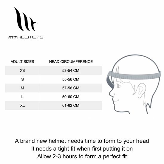 Maattabel voor MT Helmets met volwassen maten XS tot XL en bijbehorende hoofdomtrekken.
