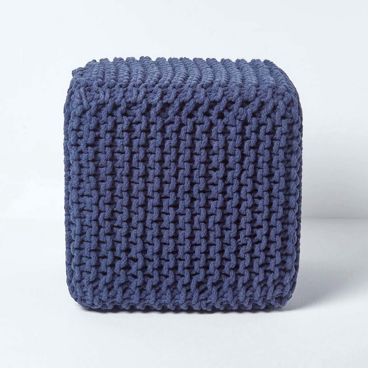 Gebreide Voetenbank - Zitkubus Poef - Ontspannen Zitten - Handgebreid Katoen - 35x35x35 cm - Marineblauw