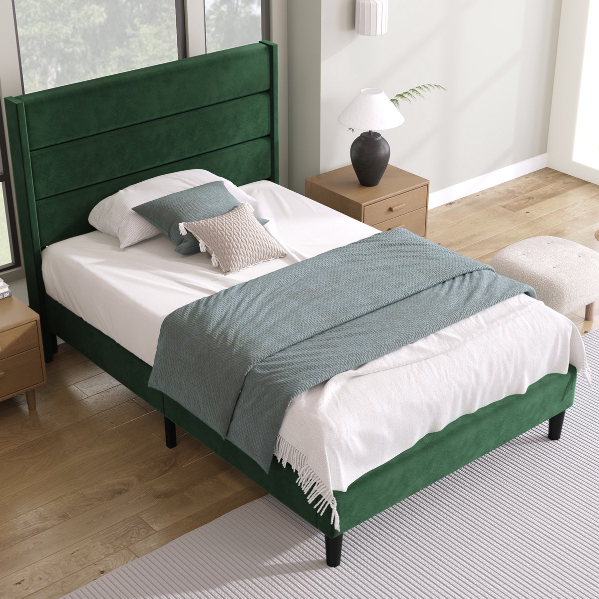 DESMIU Gestoffeerd Bed 90 x 200 cm - Hoofdbord Met Gevoerde Panelen - Inclusief Lattenbodem - Opbergruimte Onder Bed - Jeugdkamer - Fluweel - Groen Zonder Matras