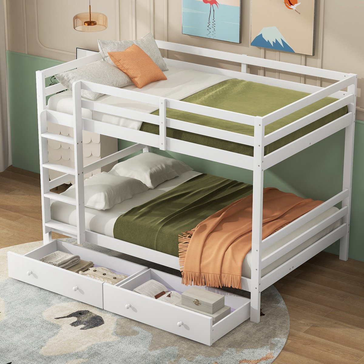 DESMIU Stapelbed 140x200 cm – Met Opberglades En Hoge Veiligheidsrand – Ruimtebesparend Kinderbed – Voor Slaapkamer – Grenenhout – Wit – Zonder Matras