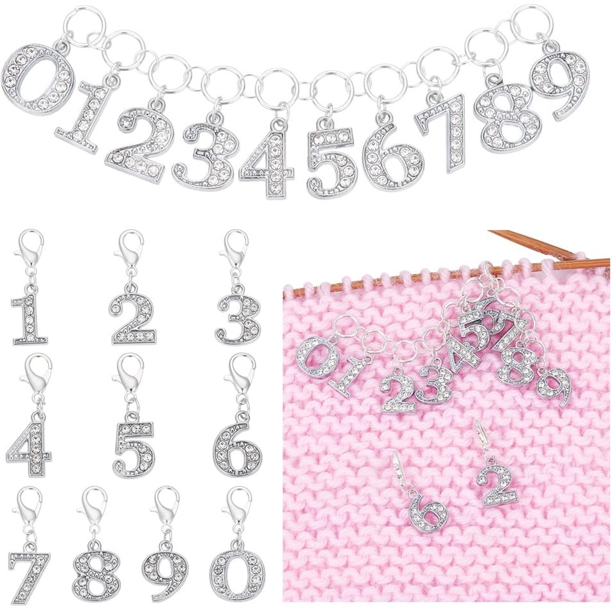 Dailygoods- Brei Rij Teller - 11 Stuks - Legering met Strass - Locking Stitch Markers - Kreeft Klauw Sluitingen - Naaien Accessoires - Platina Strass - Breimarker